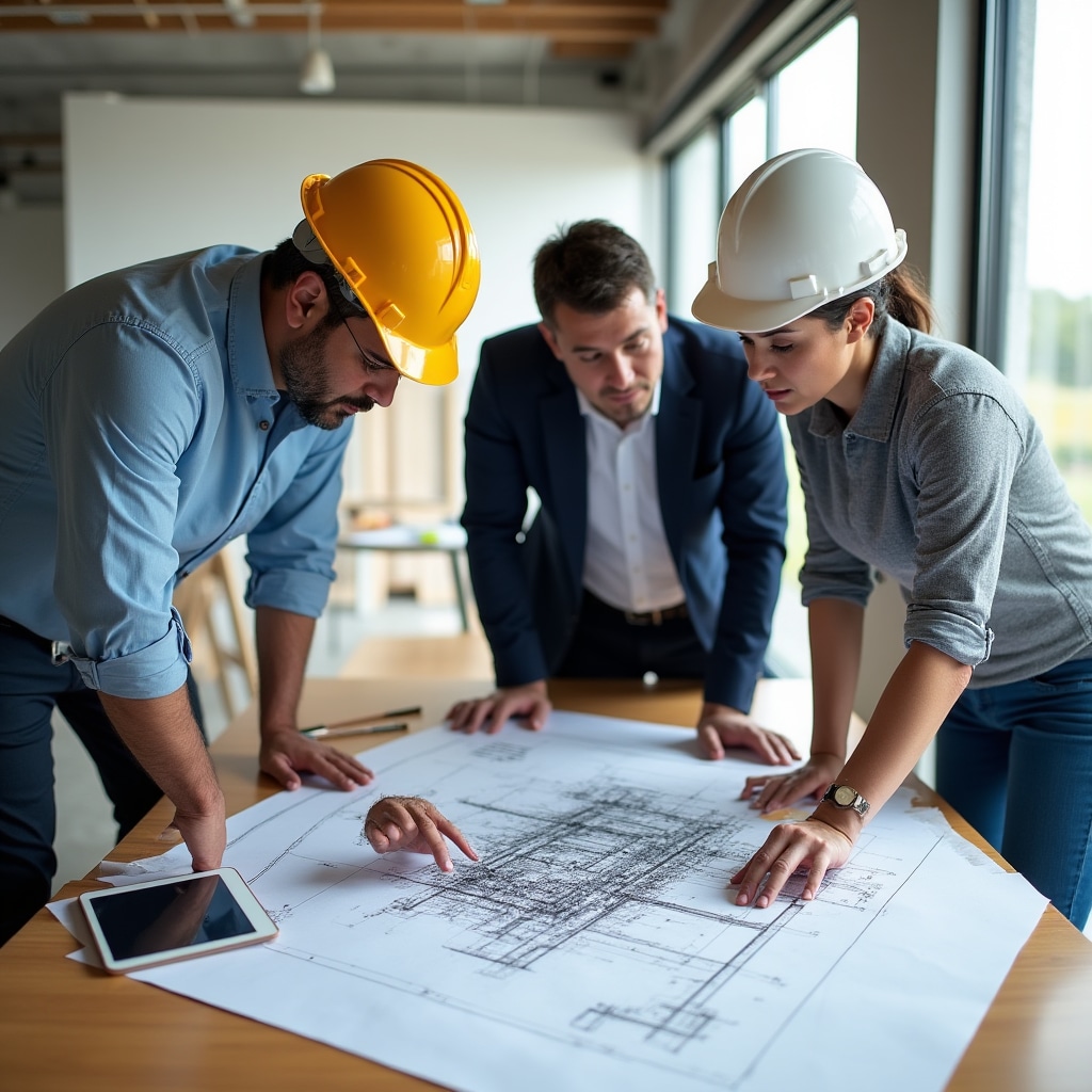 Construction professionals reviewing blueprints